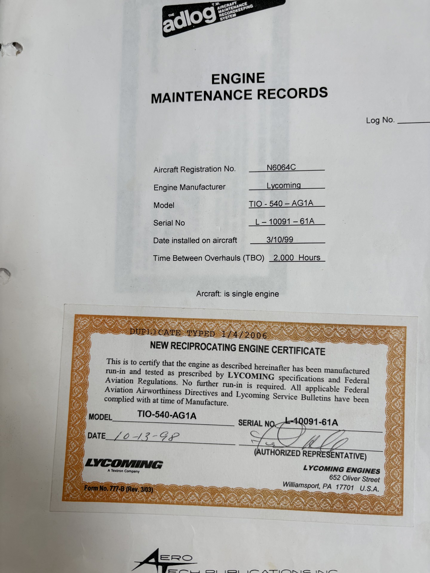 TIO-540-AG1A engine with 857.7 HR SNEW no prop strike with logs. ***MAKE OFFER*** - Image 8