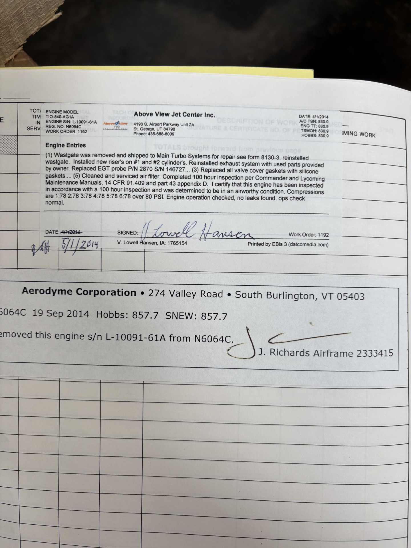 TIO-540-AG1A engine with 857.7 HR SNEW no prop strike with logs. ***MAKE OFFER*** - Image 9